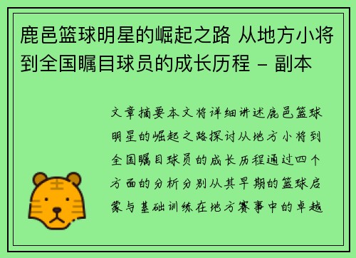 鹿邑篮球明星的崛起之路 从地方小将到全国瞩目球员的成长历程 - 副本